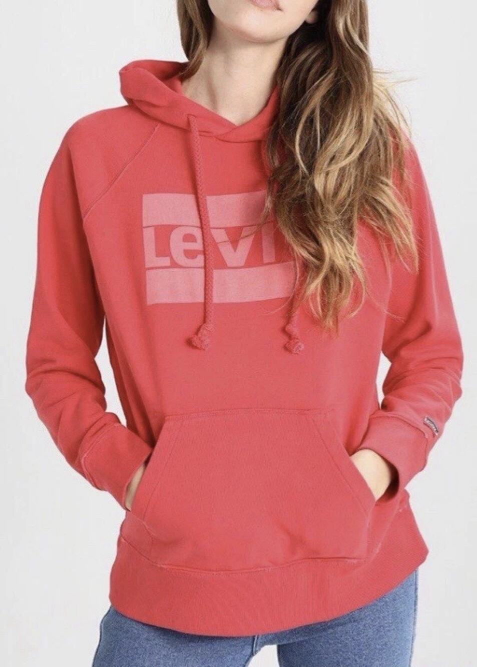 Levi’s Sport Hoodie Graphic Print In Washed Red Destressed 100% Cotton Size XS